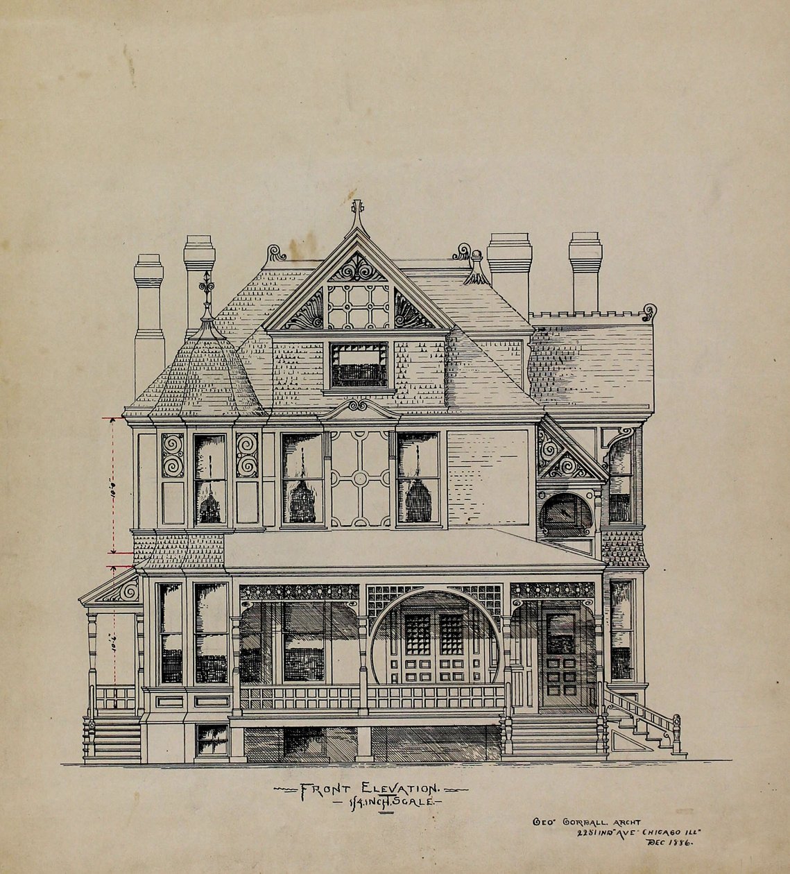 Prezentációs tervrajzok, Dr. Stratford rezidenciája, Chicago, Illinois, Front Elevation alkotó: George Gorball