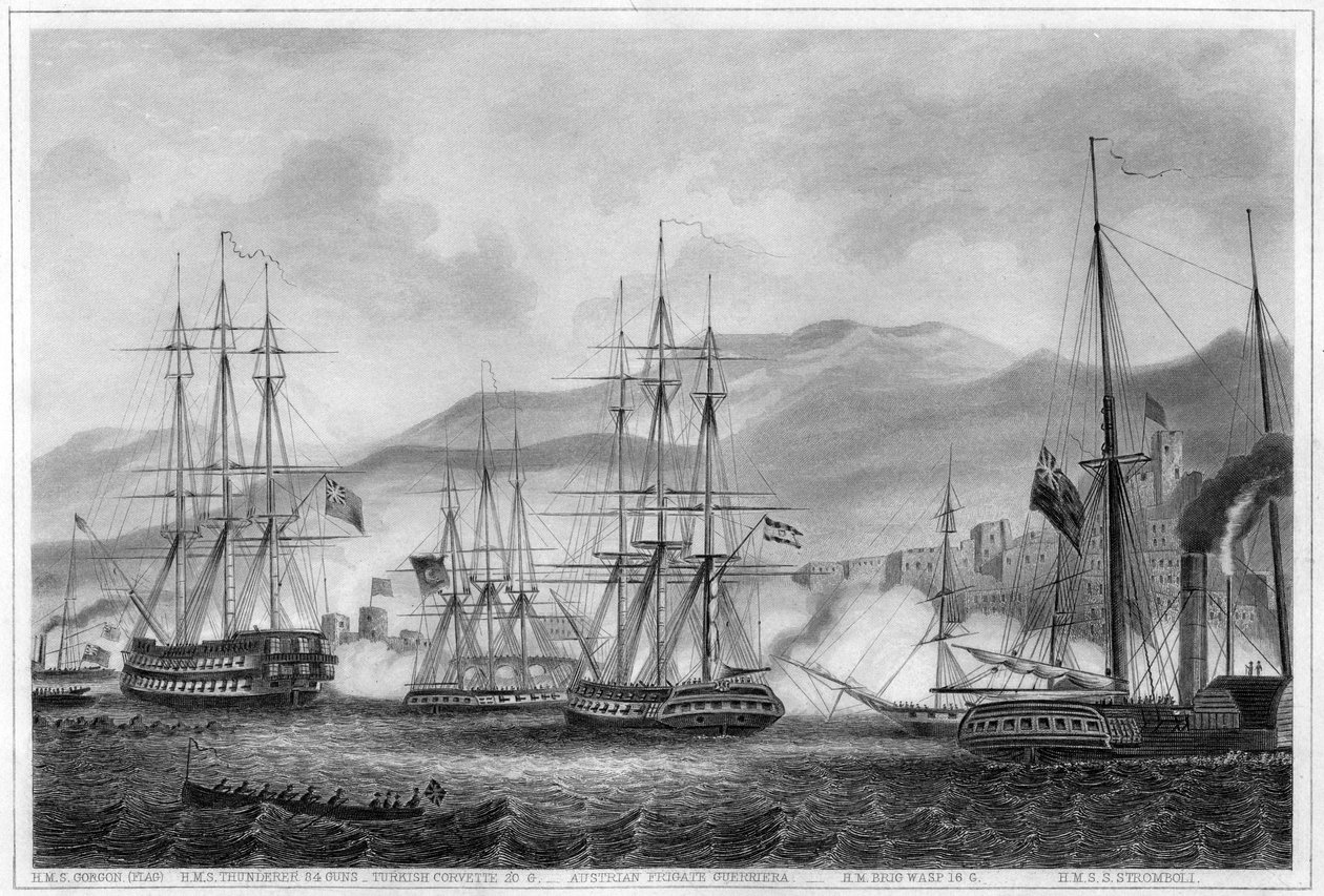 Charles Napier kommodor támadása Sidon ellen, 1840. szeptember 26. c1857 alkotó: George Greatbatch