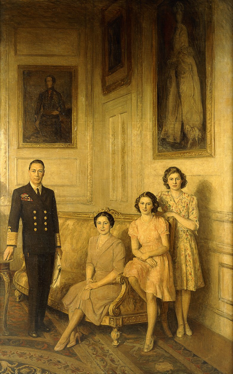 A királyi család: VI. György király, Erzsébet királynő és két lányuk, Margit hercegnő és Erzsébet hercegnő alkotó: George Harcourt