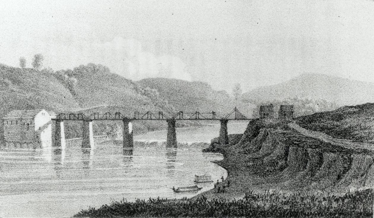 Híd az ohiói Zanesville-ben, Adlard Welby 1821-ben megjelent "Észak-Amerika és az Illinois-i angol települések meglátogatása" című művéből. alkotó: George Harvey