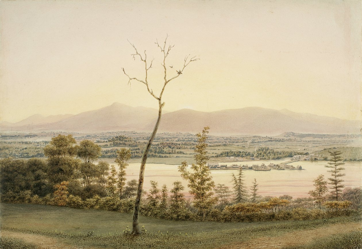 Early Twilight, Kaatskill Catskill Landing és Hegyek a Hudson keleti partjáról, New York, 1840 (akvarell, grafit, szelektív üvegezés, gouache és kikarcolások a papíron alkotó: George Harvey