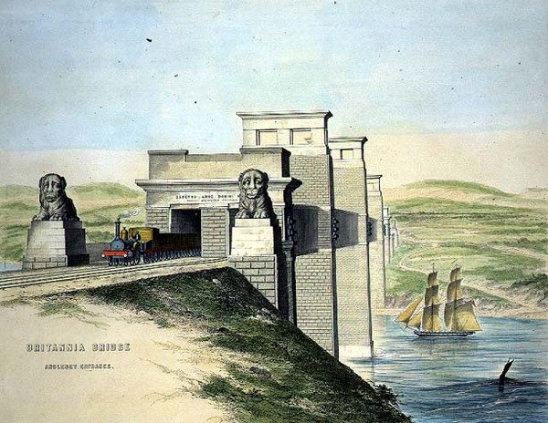 Britannia Bridge, Anglesey bejárat, a művész metszete, pub. 1849 (színes litográfia) (fekete-fehér lásd 109679) alkotó: George Hawkins