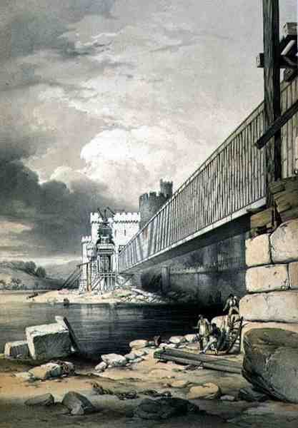 Conway Tubular Bridge, a második cső emelésének előkészületeivel, pub. 1849-ben (litho) alkotó: George Hawkins