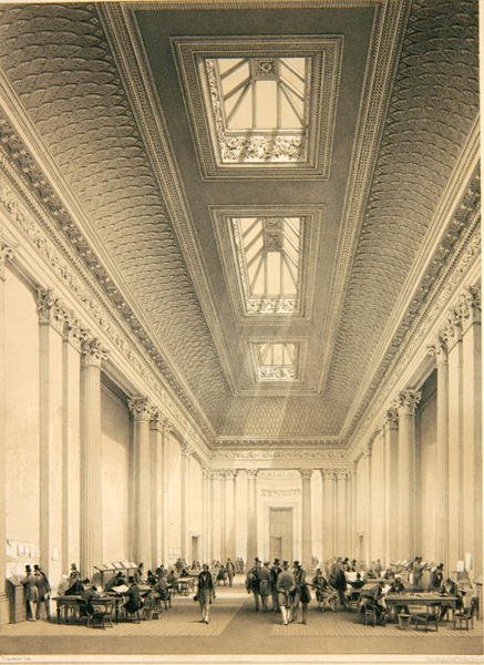 A Kereskedelmi csarnok belseje, Threadneedle Street, London, 1850 körül (litho) alkotó: George Hawkins