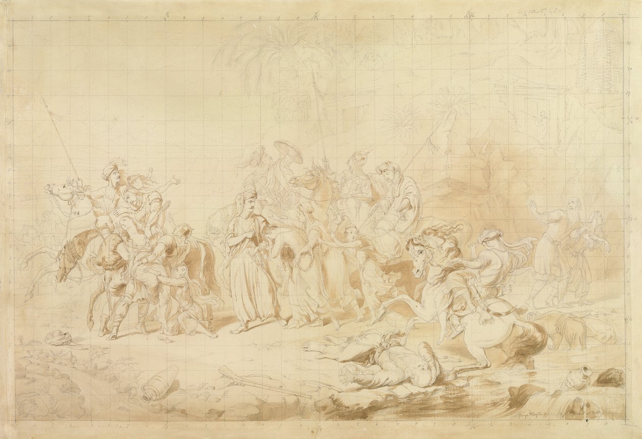 A kurdisztáni Banditti segíti a grúzokat a cserkesz nők meglepésében és elhurcolásában 1827-28 körül (toll és barna tinta szőtt papíron) alkotó: George Hayter
