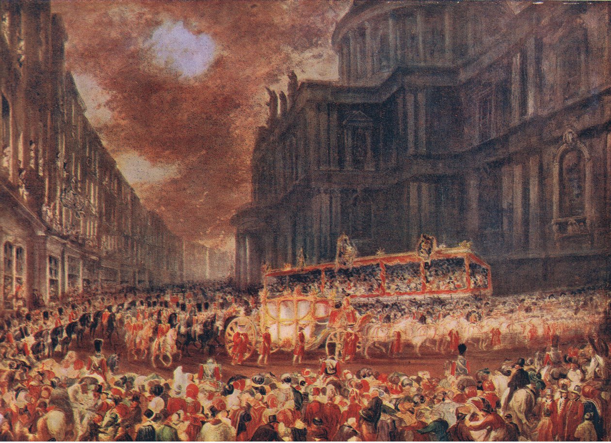 Viktória királynő első állami látogatása London városában 1837-ben a Cassells History of the British People című könyvéből, amelyet a Waverley Book Company Limited adott ki, 1940 körül alkotó: George Hayter