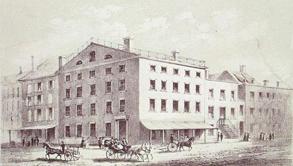 Fraunces Tavern, a Broad and Peel Streets sarkán, New Yorkban alkotó: George Hayward