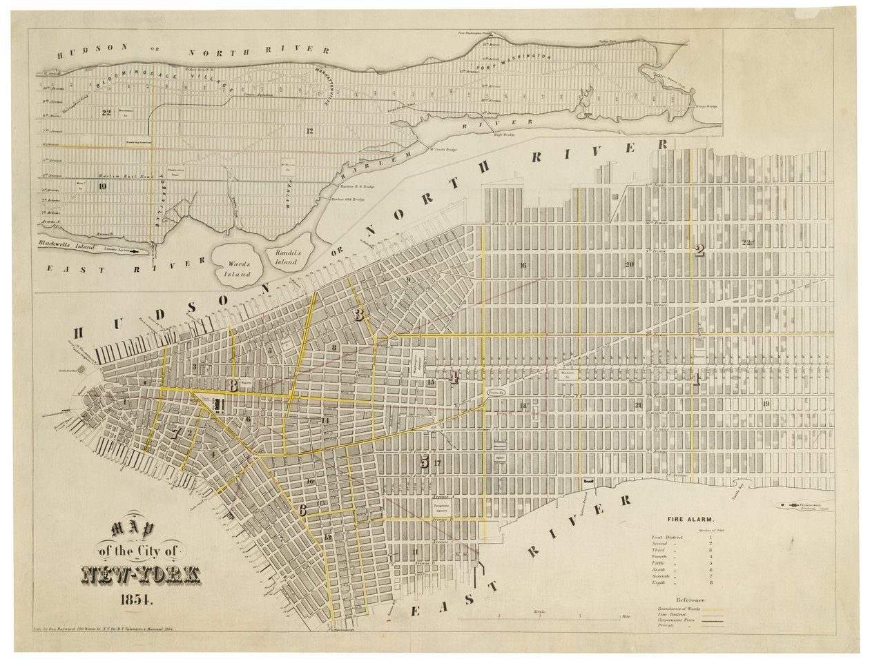 New-York városának térképe, 1854 (metszet, tinta, papír.) alkotó: George Hayward