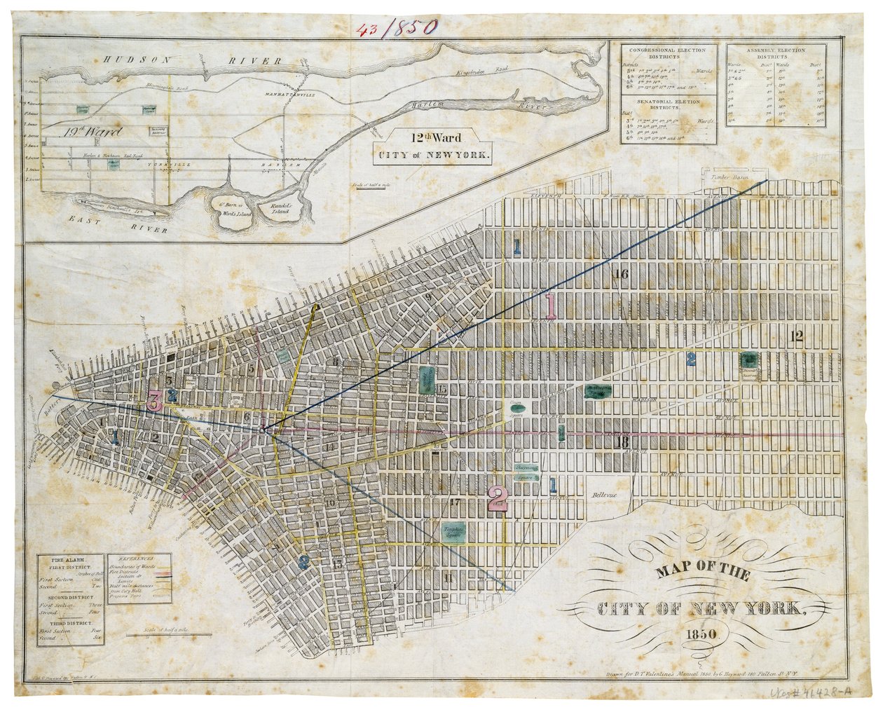 New York városának térképe, 1850 (fekete tinta, színes mosással, papírra) alkotó: George Hayward
