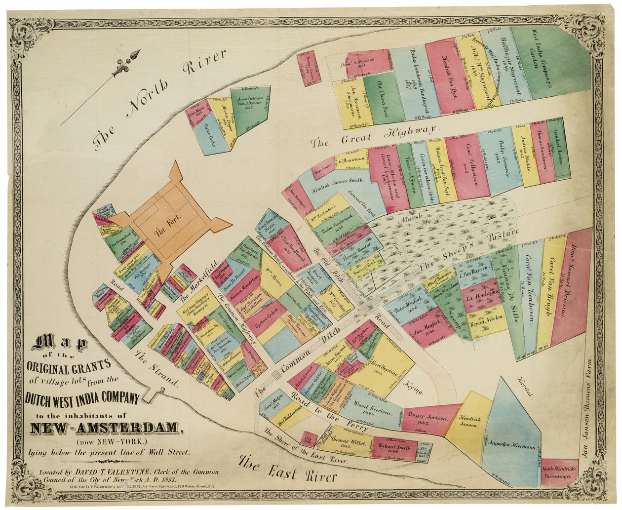 A Dutch West India Company által a Wall Street jelenlegi vonala alatt fekvő New-Amsterdam (jelenleg New York) lakosai számára nyújtott falusi telkek eredeti támogatásának térképe, 1857 (fekete tintával, színnel alkotó: George Hayward