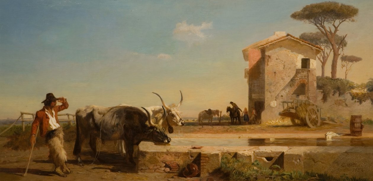 Szarvasmarha egy ivóhelyen a Campagna-ban, Róma, 1854. alkotó: George Heming Mason