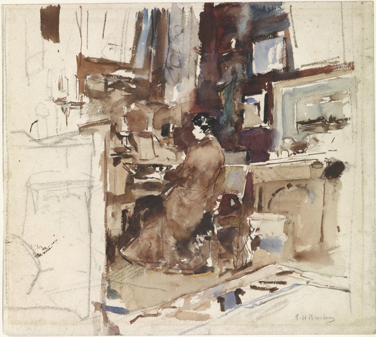 Hölgy egy stúdióban egy harmónium mögött alkotó: George Hendrik Breitner