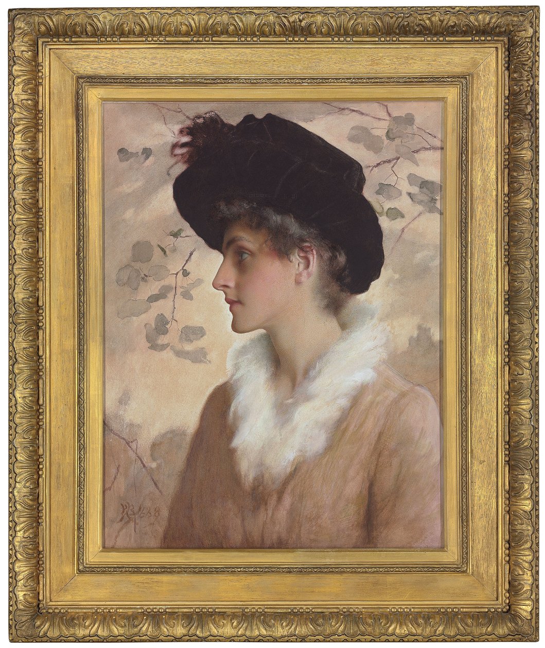 Egy hölgy portréja, félalakos, fekete kalapban és prémes lopás, 1888 alkotó: George Henry Boughton