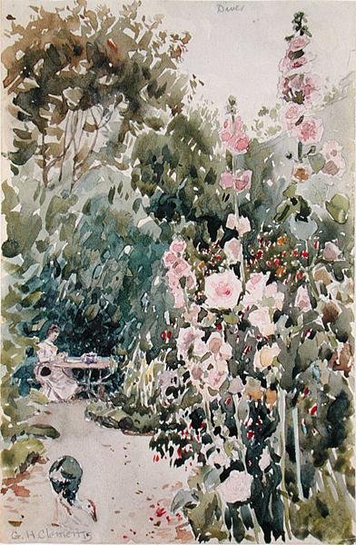 Tea in the Hollyhock Garden, Dives, 1890 körül (akvarell és ceruza papíron) alkotó: George Henry Clements