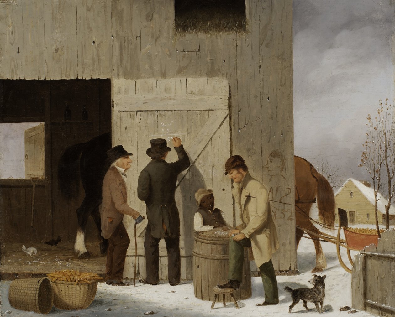 Kukorica eladása, számlarendezés, 1852 (olaj, fa) alkotó: George Henry Durrie