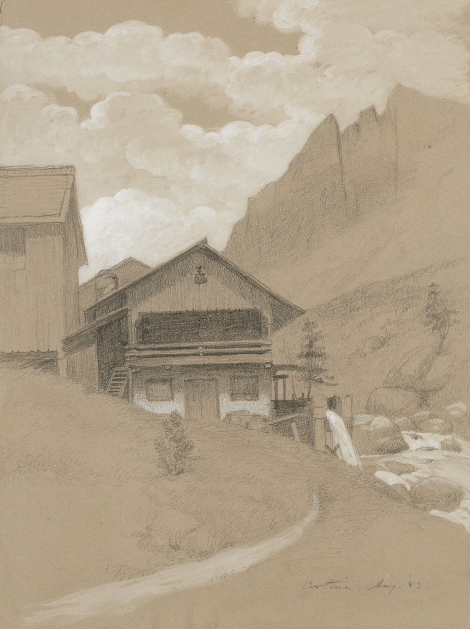 Ház az Alpokban, Cortina, 1883 (grafit, fehér gouache, barna vászonpapír) alkotó: George Henry Hall
