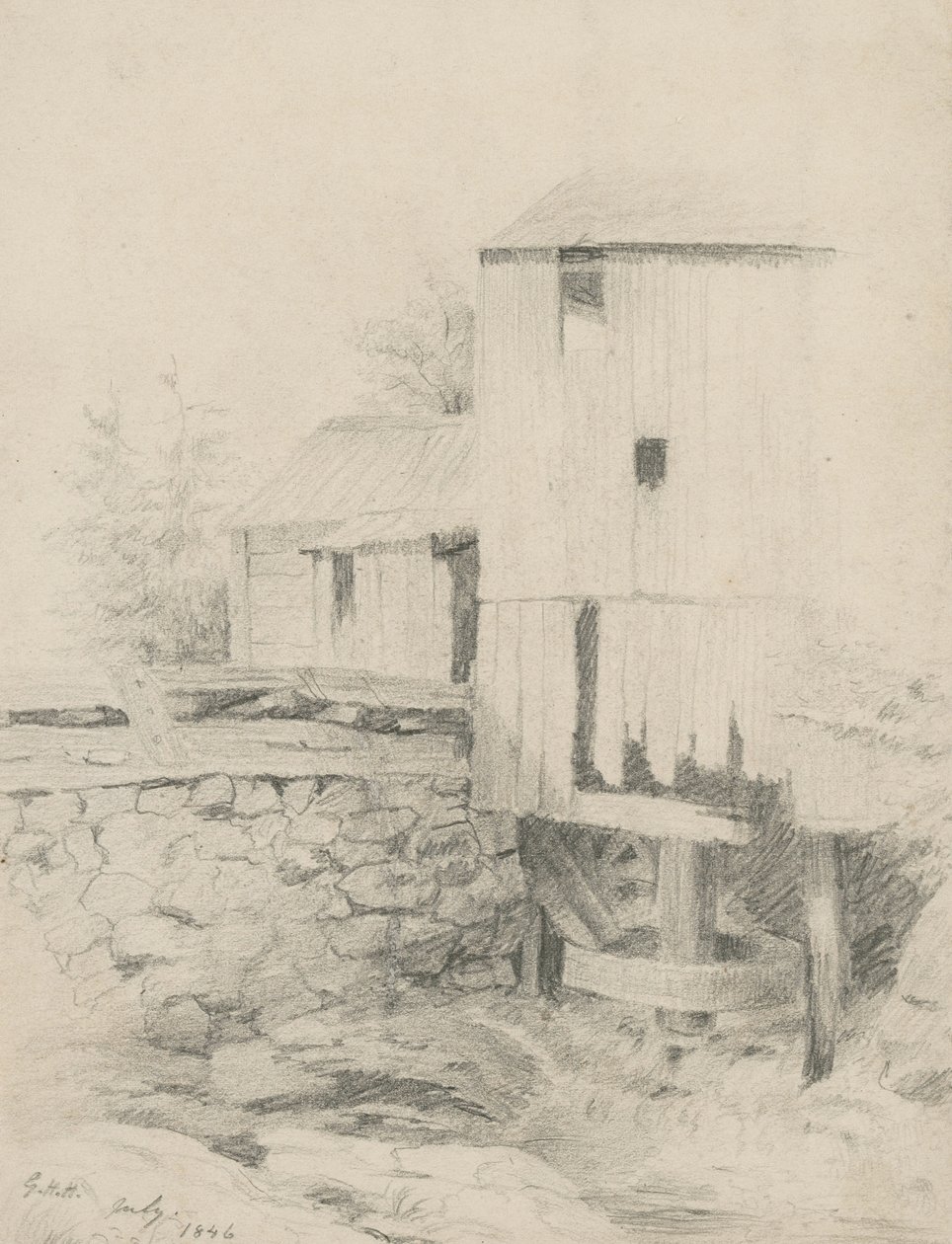 Az öreg malom, 1846 (grafit, buff vattapapír) alkotó: George Henry Hall
