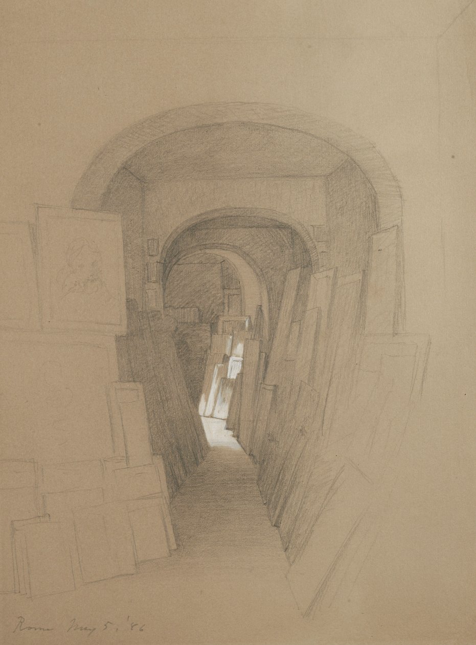 Cím nélkül - Művészek műterme, Róma, 1886 (grafit, fehér gouache-csal kiemelve, barna vászonpapírra) alkotó: George Henry Hall