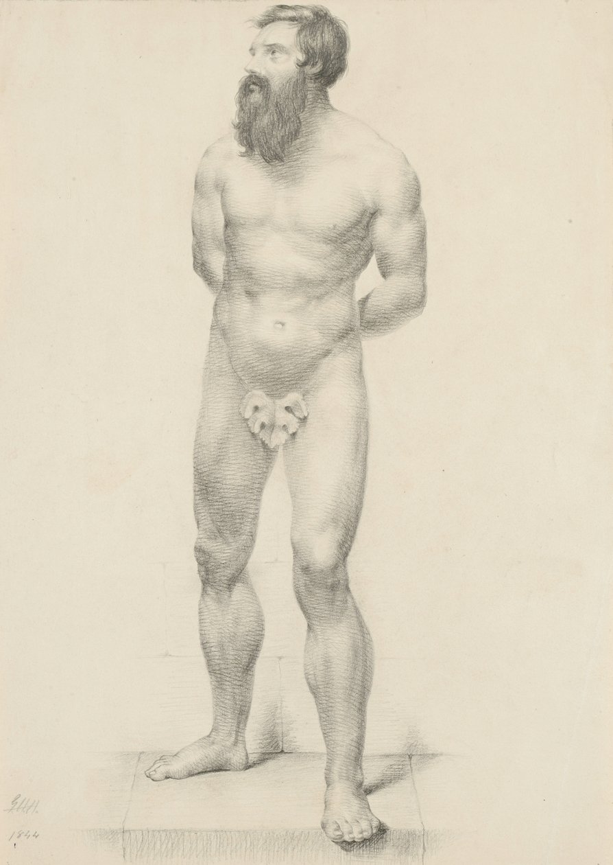 Cím nélkül – Álló férfi akt fügelevéllel, 1844 (grafit szőtt papíron) alkotó: George Henry Hall