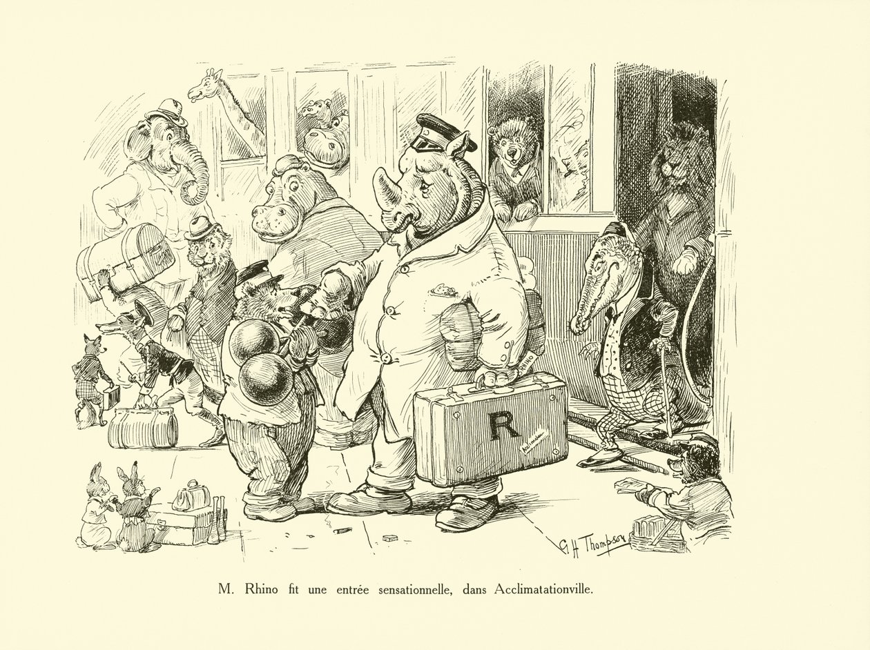Mr Rhino szenzációs belépőt tett Acclimatationville-ben (litho) alkotó: George Henry Thompson