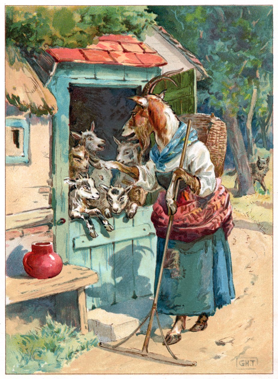 Anya kecske és kicsinyei, az Ernest Mister által kiadott „Once Upon a Time” illusztrációja, 1900 körül (színes litó) alkotó: George Henry Thompson