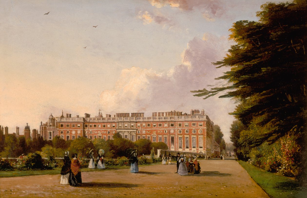 Kilátás a Hampton Court Palace déli frontjára a Broad Walk felől, 1827-49 körül (olaj, vászon) alkotó: George Hilditch