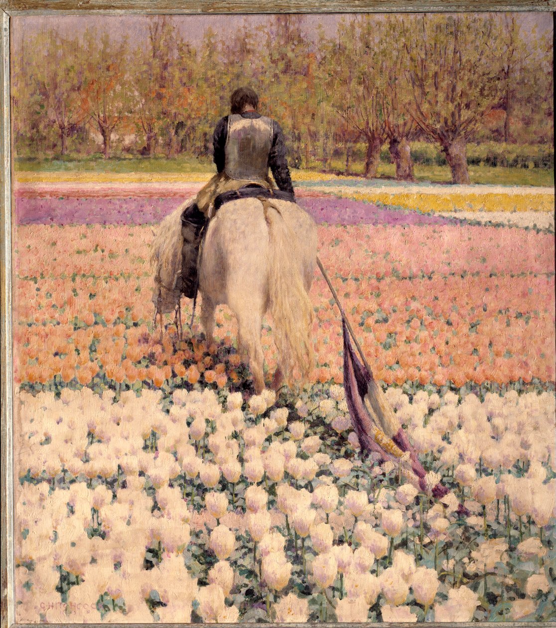 Legyőzött Egy meglőtt lovas vereség után átkel a tulipánföldön. George Hitchcock (1850-1913) festménye (ec. am.) 1898 V. 1x0,9 m Párizs, musee d