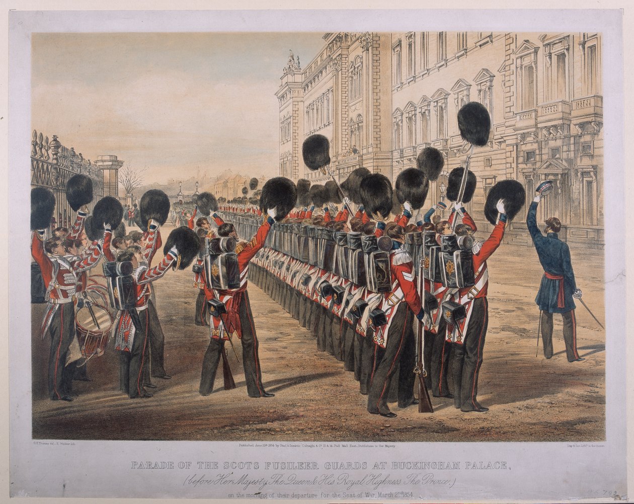 A skót fusilier gárdák felvonulása a Buckingham-palotában, a hadiszékhelyre való indulásuk reggelén, 1854. március 2-án, E. Walker metszetével, kiadó: Colnaghi und Co., 1854 alkotó: George Housman Thomas