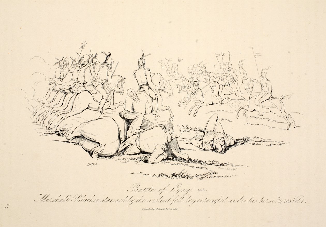Ligny-i csata: Marshall Blucher, akit megdöbbentett az erőszakos esés, belegabalyodva feküdt a lova alatt, J. Booth kocsma, 1816 alkotó: George Jones