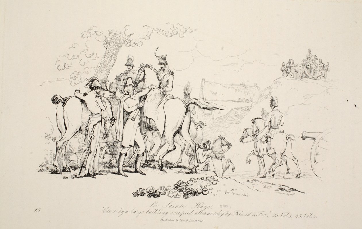 La Sainte Haye: Közel egy nagy épülethez, felváltva a Friend és az Ellen, kocsma. J. Booth, 1816 alkotó: George Jones