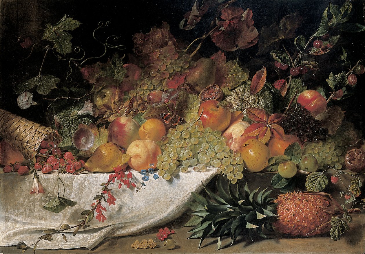 Gyümölcs és virág egy kőpárkányon, 1829 alkotó: George Lance