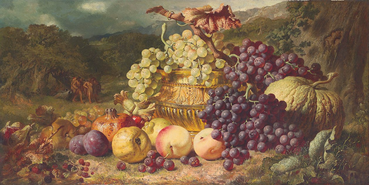 Csendélet gyümölccsel egy tájban, egy vadásztársaság azon túl, 1859 alkotó: George Lance