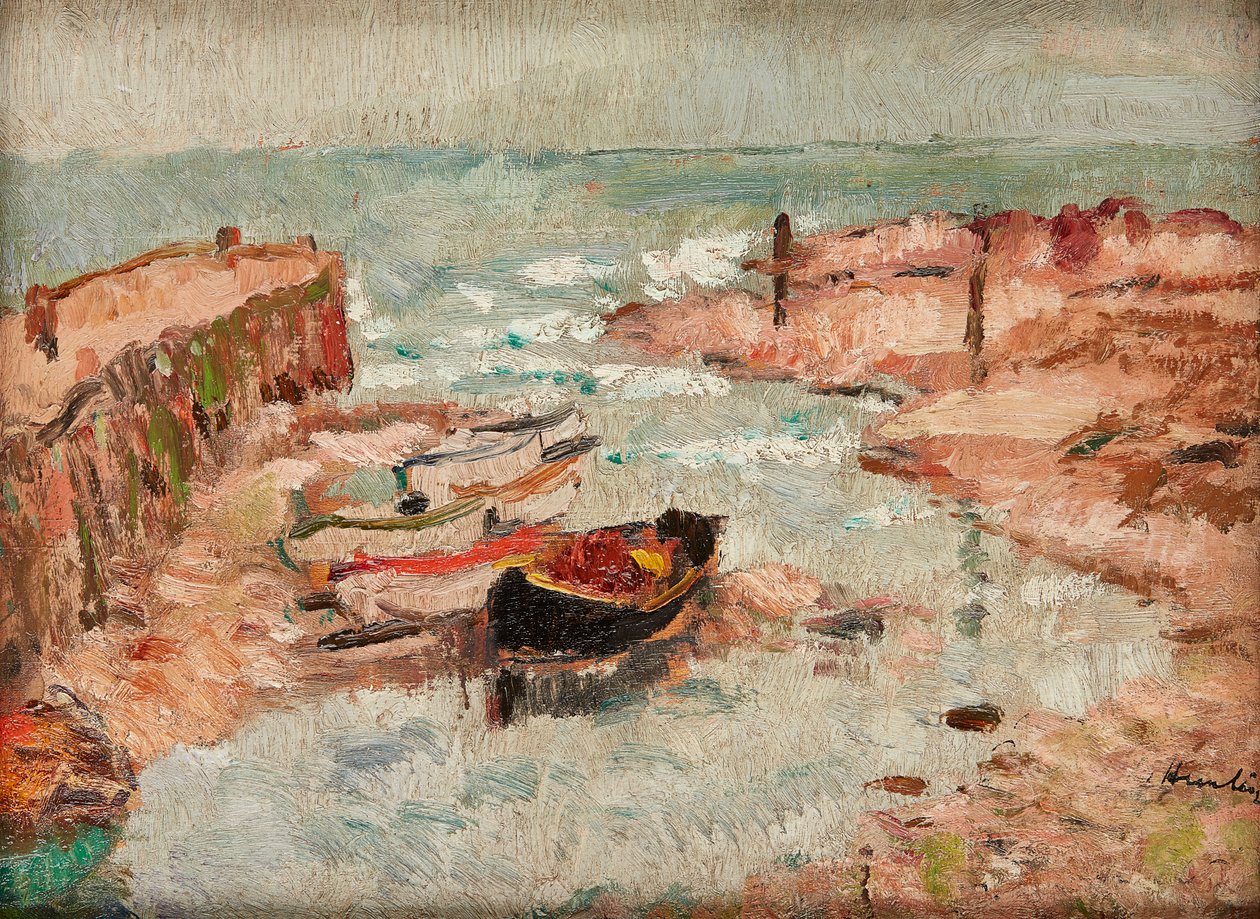 Beached Boats, Lower Largo (olaj a panelen) alkotó: George Leslie Hunter