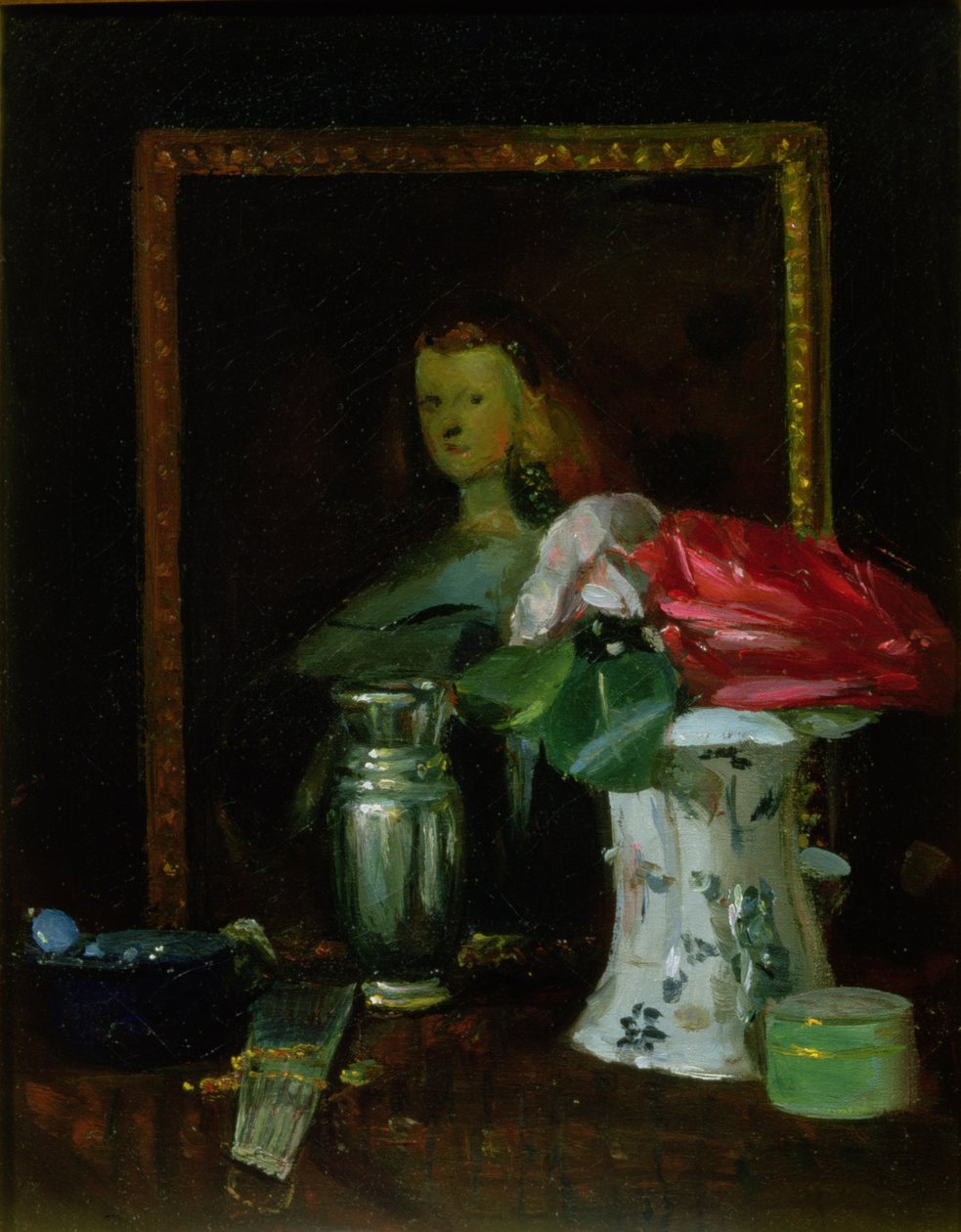 Rózsa csendélet, portré, váza és legyező alkotó: George Leslie Hunter