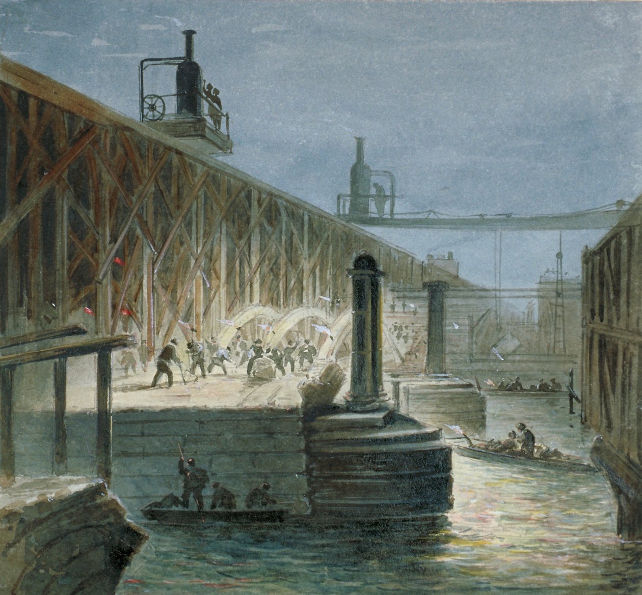 Bontási munkálatok a Blackfriars hídon a Surrey parttól, London, 1865 alkotó: George Maund