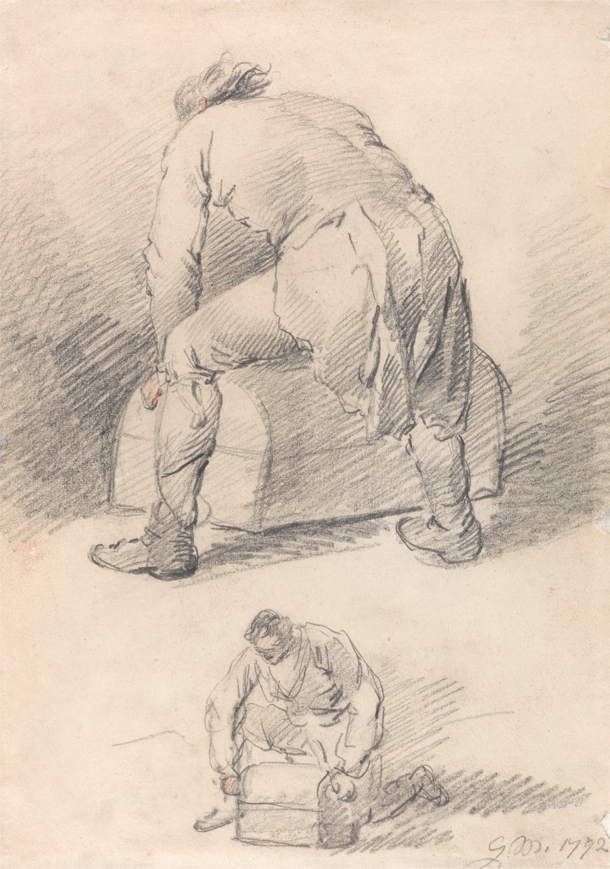 Egy férfi felemeli a csomagtartót, két tanulmány egy lapon alkotó: George Morland