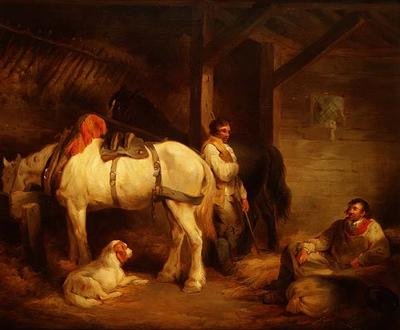 Munkások és kartorok egy stabil belső térben alkotó: George Morland