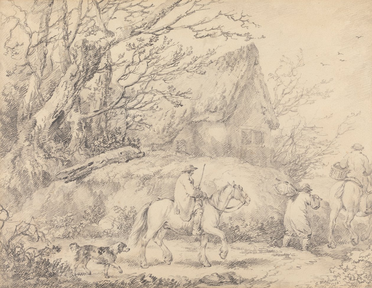 Táj kunyhóval és lóháton lévő alakokkal alkotó: George Morland