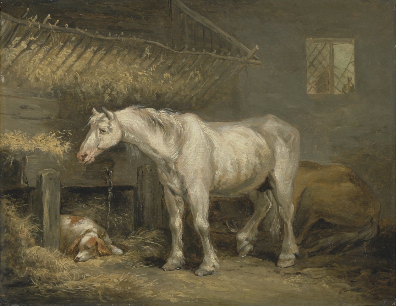 Öreg lovak kutyával az istállóban, 1791 körül (olaj, panel) alkotó: George Morland