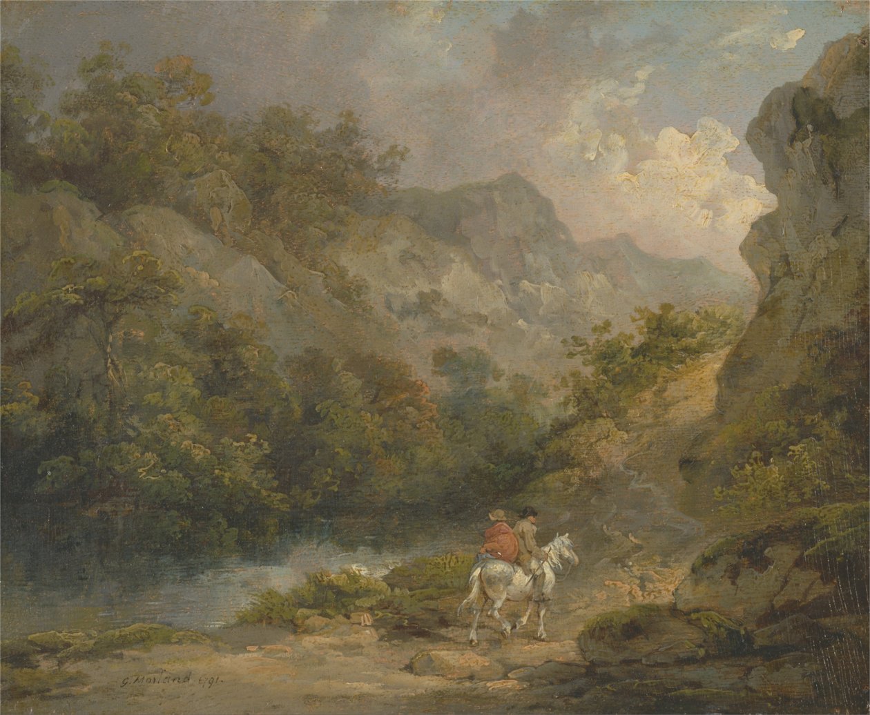 Sziklás táj két férfival egy lovon alkotó: George Morland