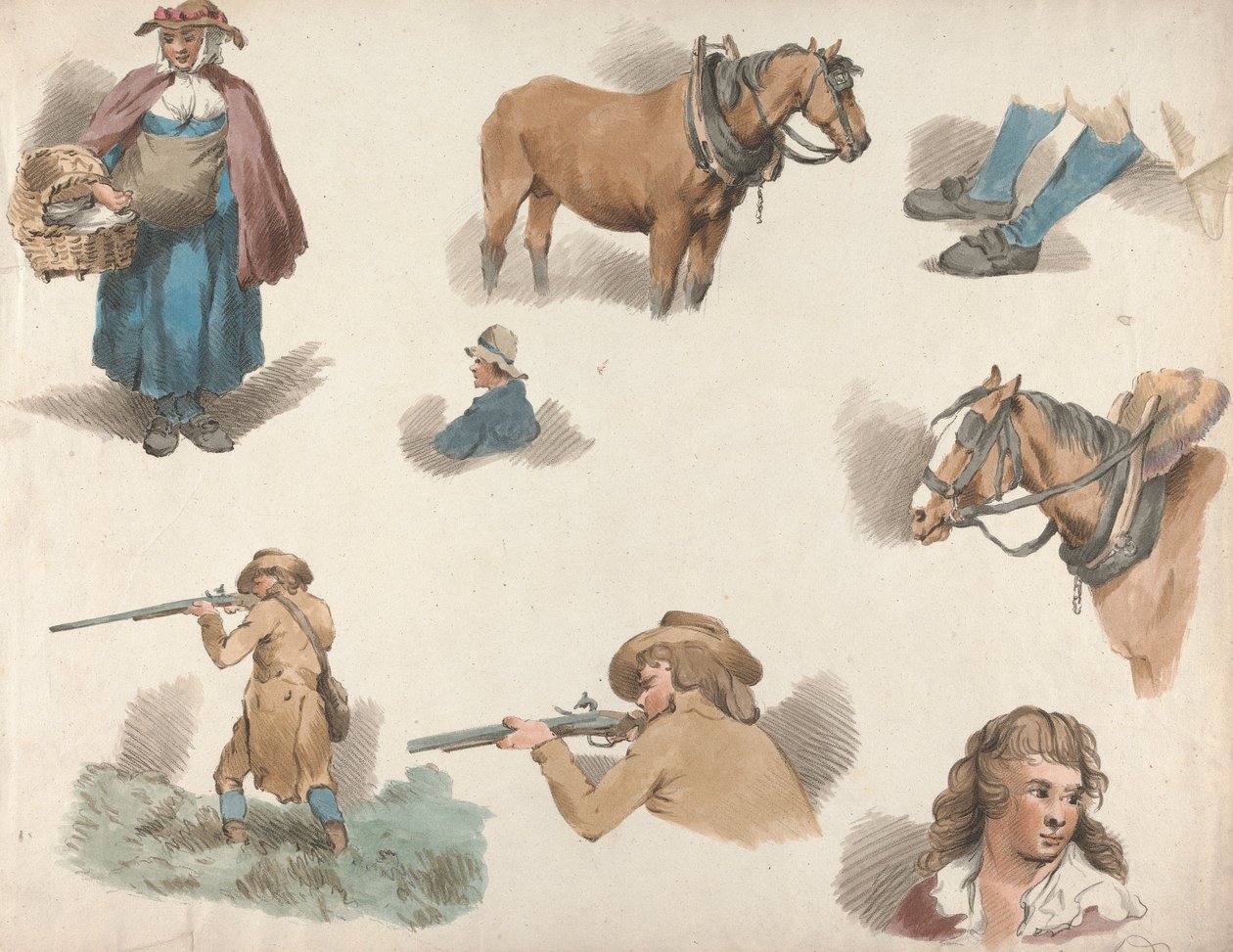 Ötös készlet: Nyolc tanulmány: Nő kosárral, Pislogó szekérló stb. alkotó: George Morland