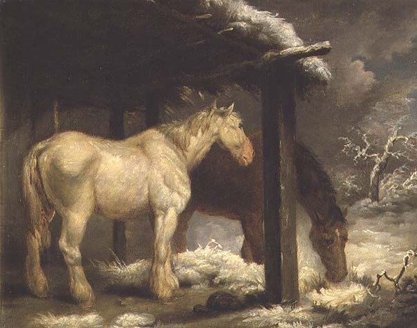 Shire Horses egy nádfedeles menedéknél, viharos téli tájon alkotó: George Morland