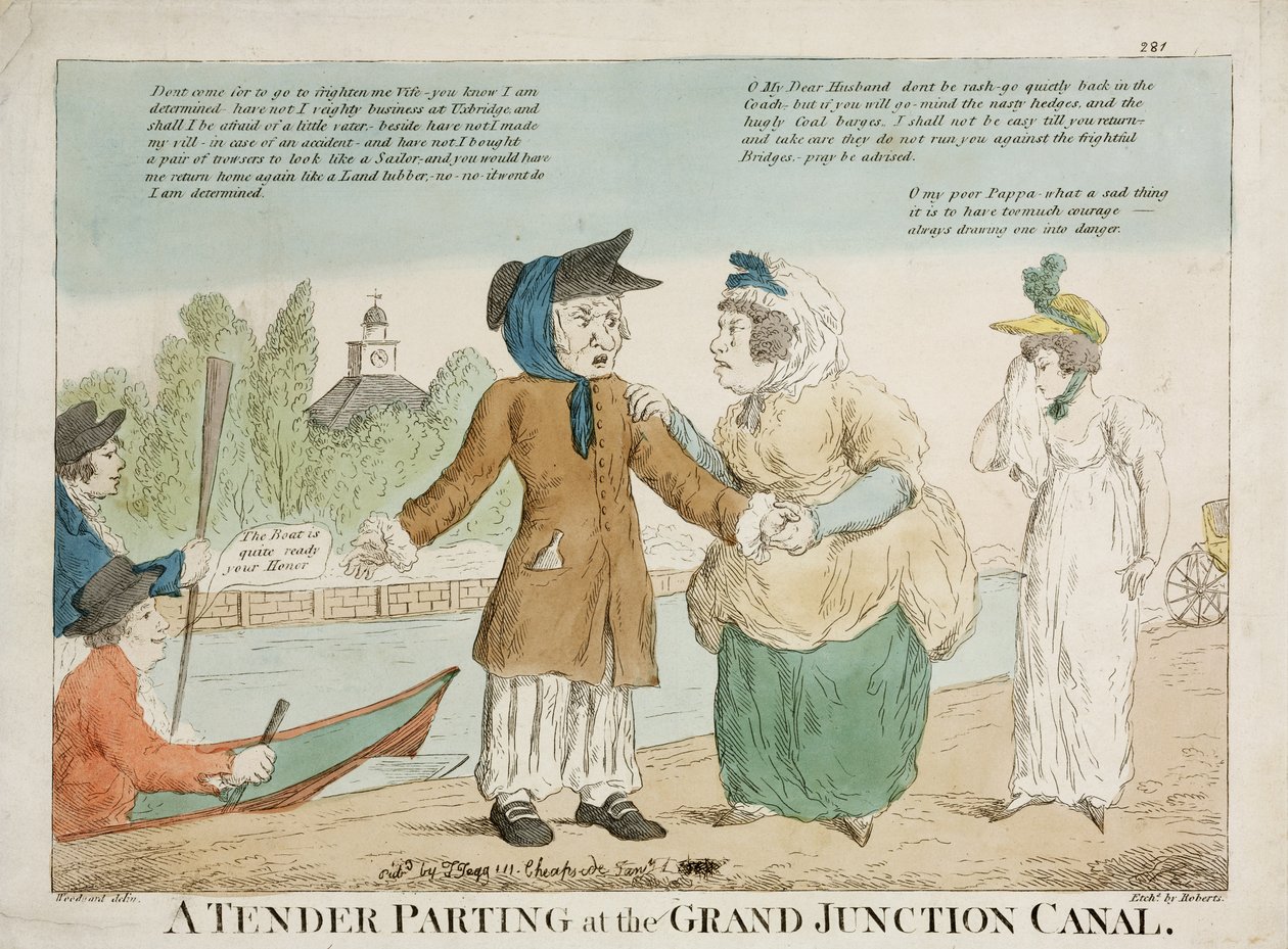 Gyengéd elválás a Grand Junction Canalnál, vésette Roberts, 1810-es évek (kézzel színezett rézkarc) alkotó: George Moutard Woodward