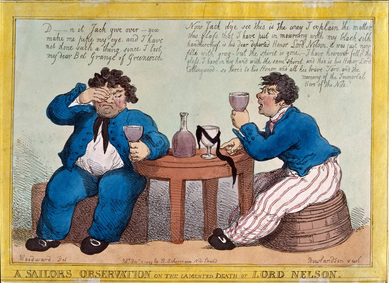 Tengerész megfigyelése Lord Nelson siralmas haláláról, Thomas Rowlandson (1756-1827) metszete, Rudolph Ackermann kiadója, 1805. december 3. (színes rézkarc) alkotó: George Moutard Woodward