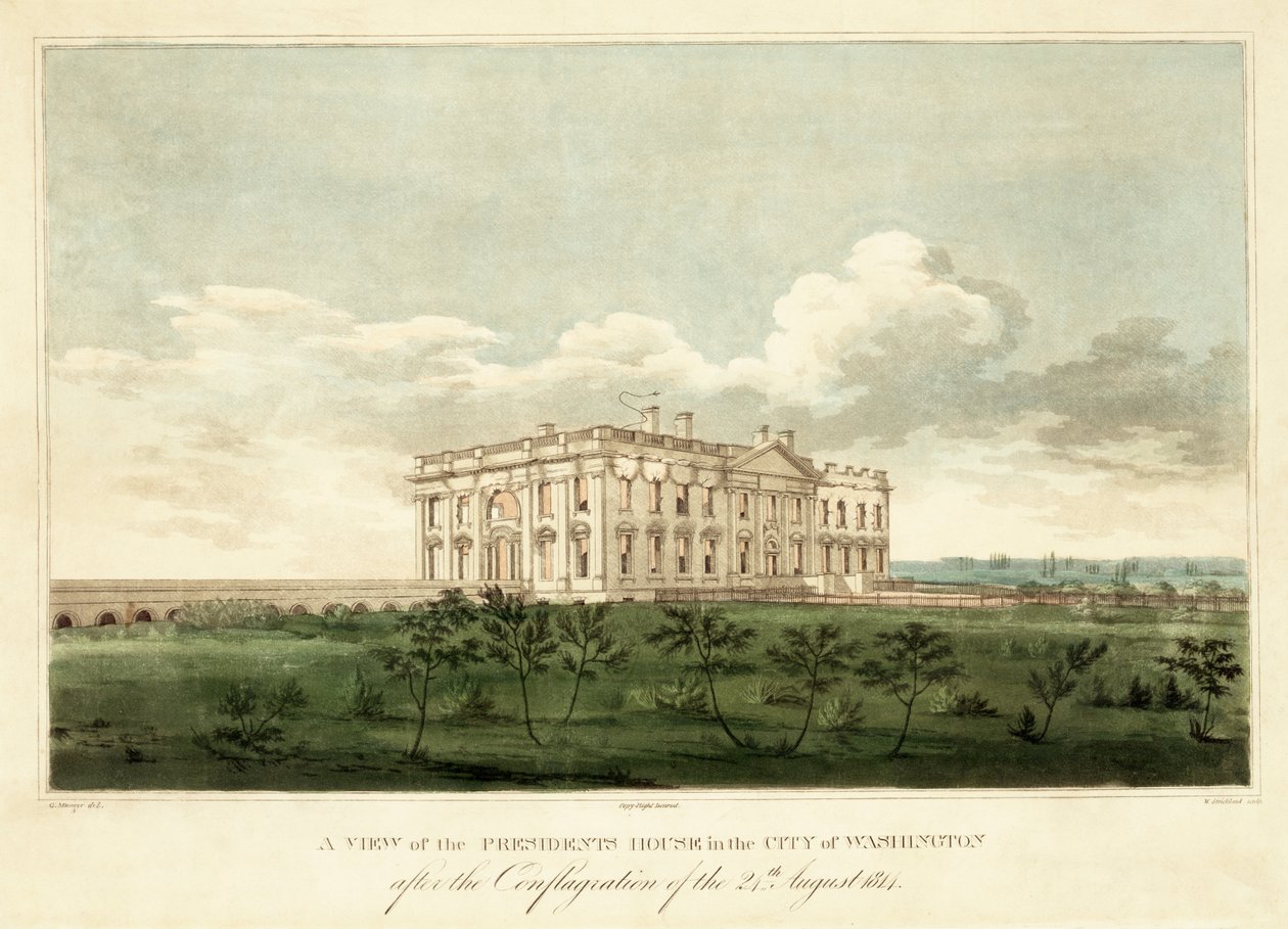 Az Elnöki Ház látképe Washington városában az 1814. augusztus 24-i tűzvész után, pub. 1814 alkotó: George Moutard Woodward