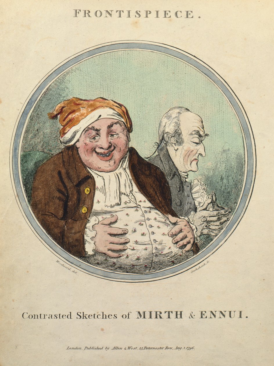 Mirth és Ennui kontrasztos vázlatai (kézzel színezett rézkarc) alkotó: George Moutard Woodward