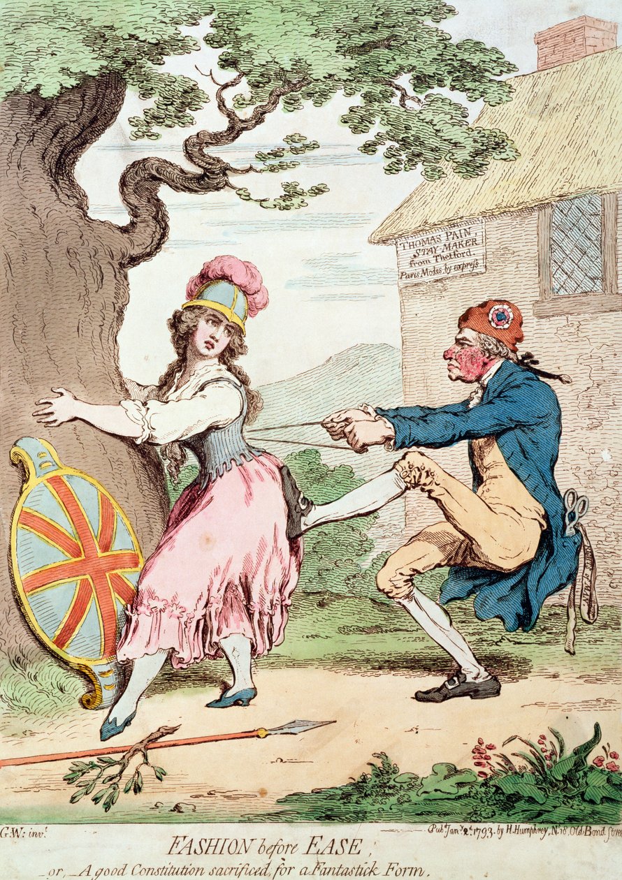 "Divat a könnyedség előtt, vagy egy jó alkotmány feláldozva a fantasztikus formáért", pub. Hannah Humphrey, 1793 (lásd még: 89937) alkotó: George Moutard Woodward