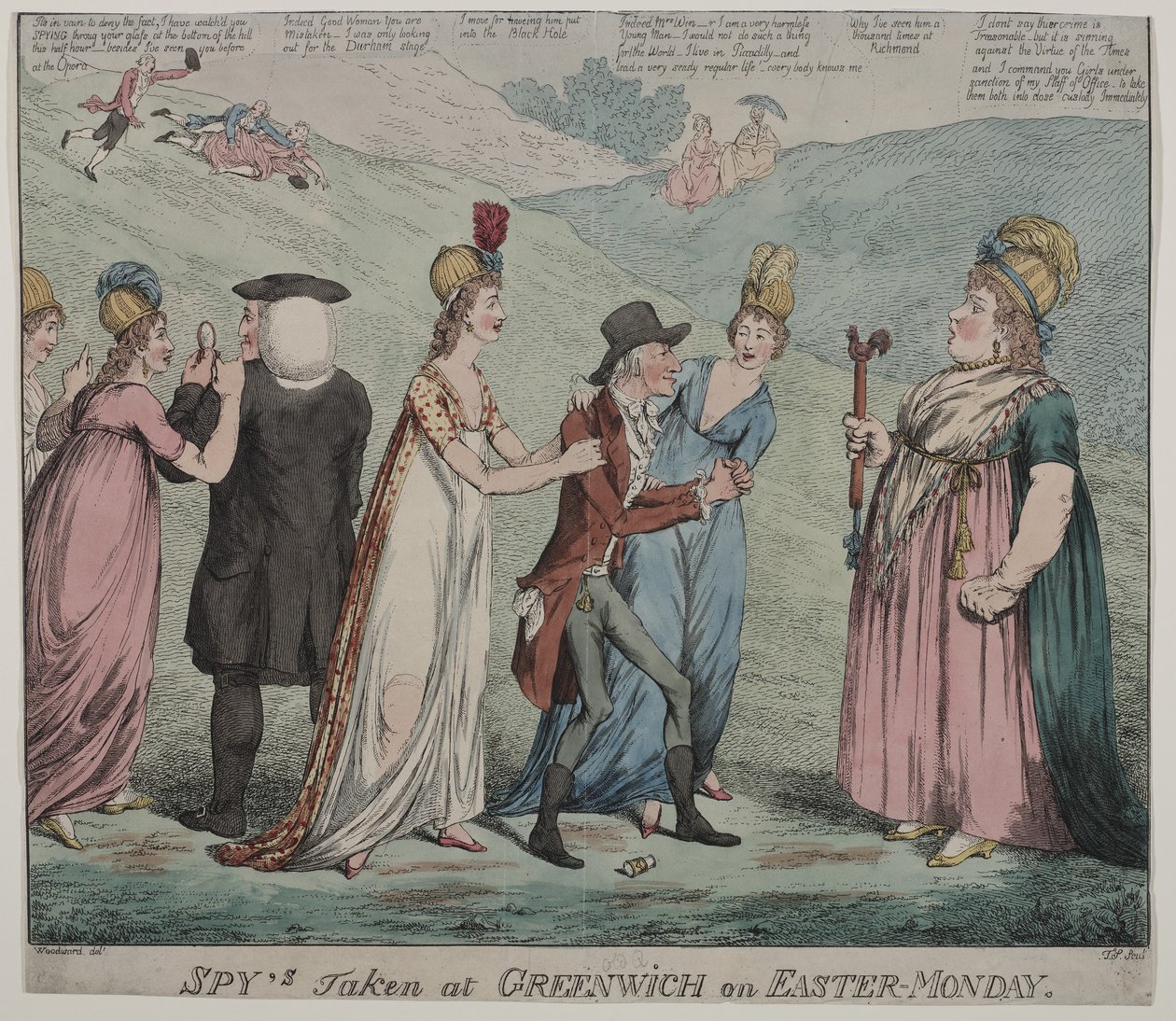 Windsor anya négy udvarhölgyével megparancsolja lányainak, hogy tartóztassák le Durham püspökét és Queensbury hercegét, 1798 (színes rézkarc) alkotó: George Moutard Woodward