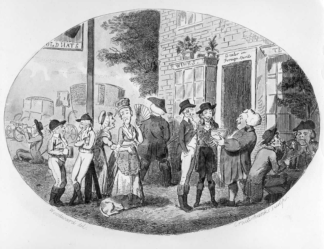 Az Old Hats Tavern kívül, Isaac Cruikshank metszete, 1796 alkotó: George Moutard Woodward