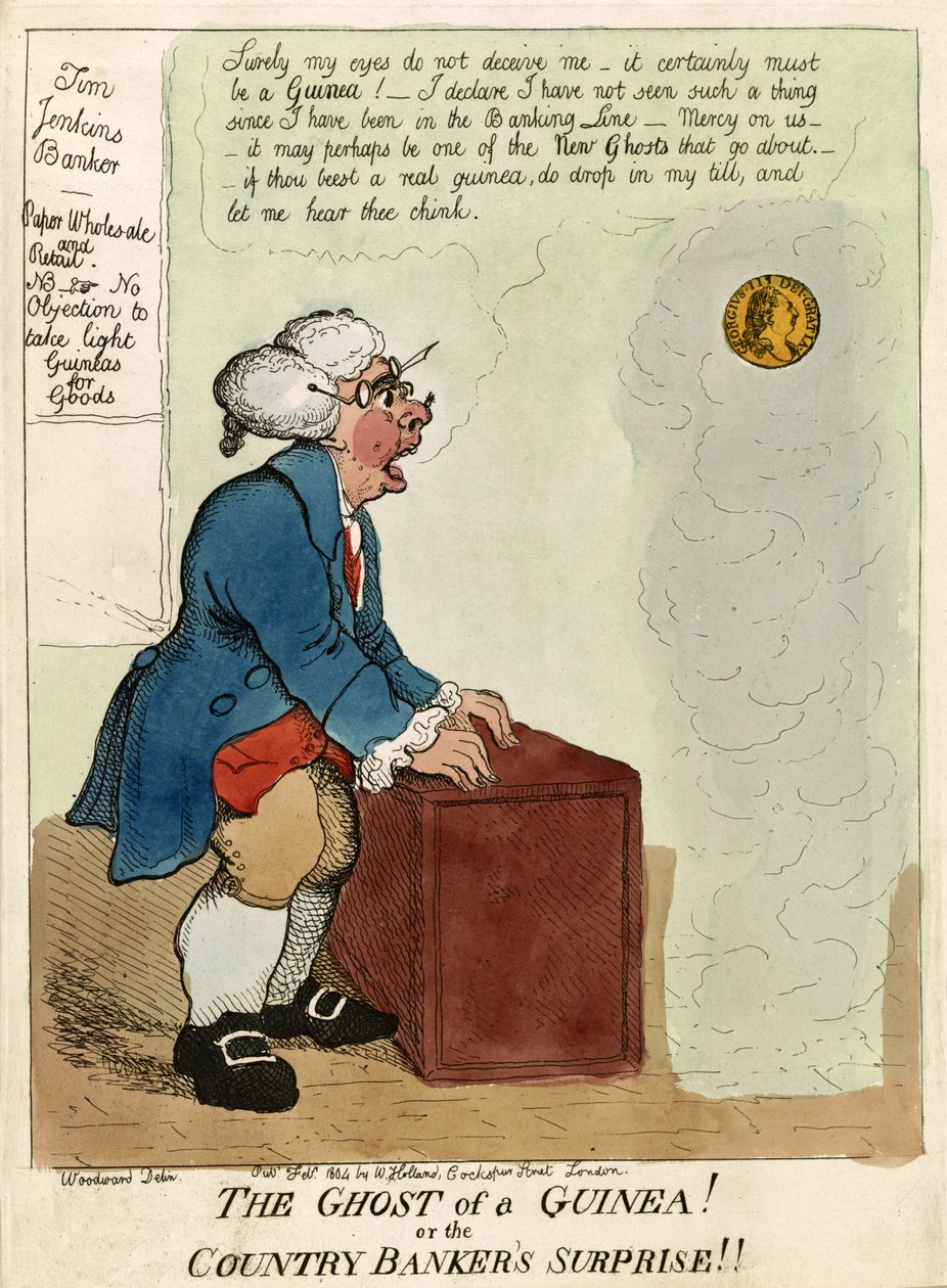 Egy Guinea szelleme! vagy A vidéki bankár meglepetése!, kocsma. 1804 (kézzel színezett metszet) alkotó: George Moutard Woodward